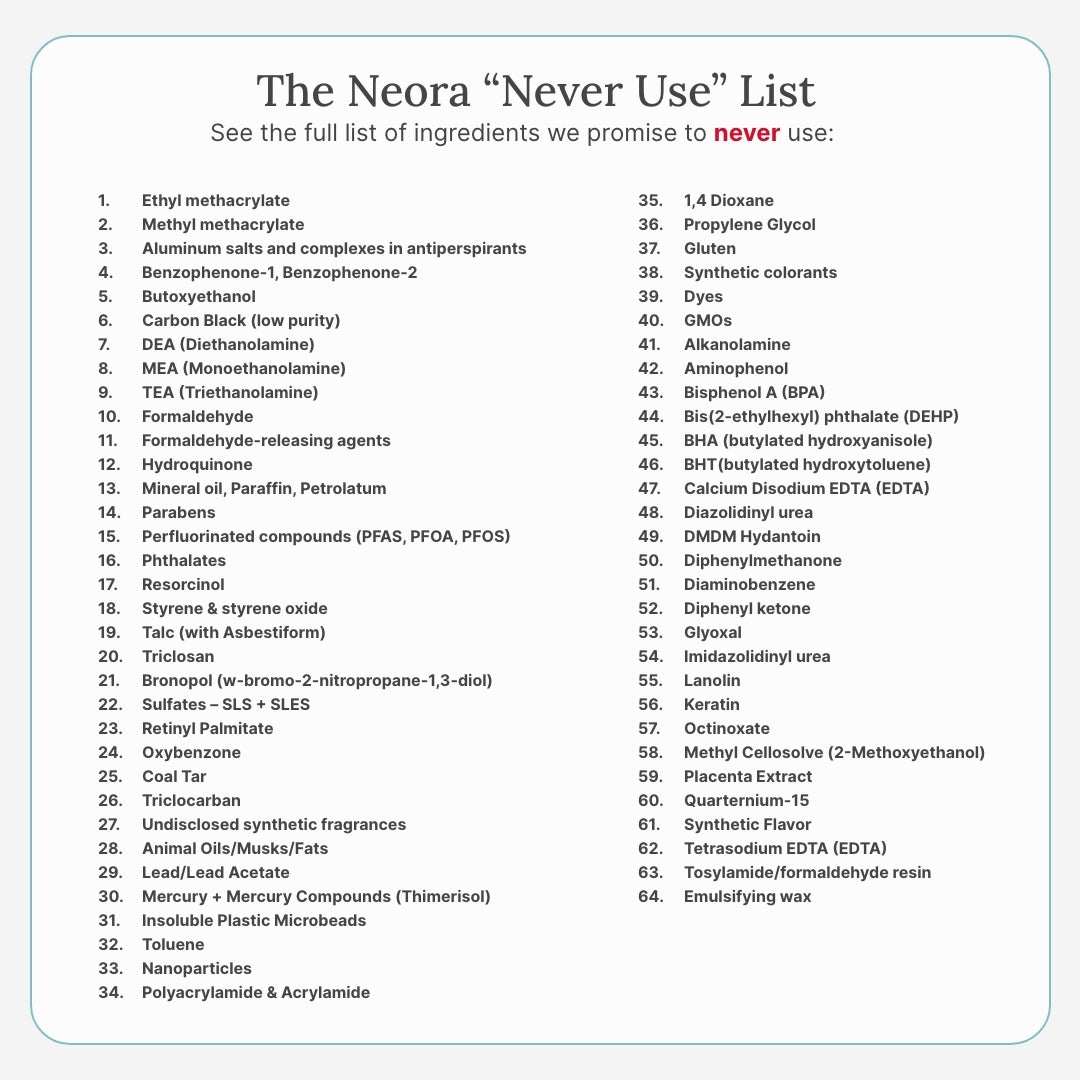 Neora's full list of "Never Use" ingredients.