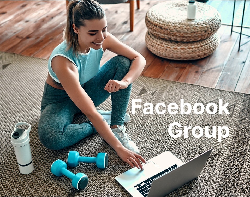 Facebook Group. A woman in fitness apparel sitting on the floor with her laptop infront of her.