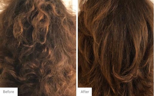 9 - Before and After Real Results picture of a woman's hair.