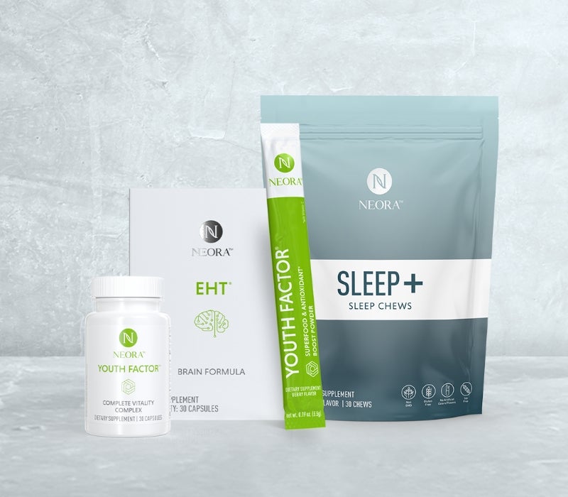 Neora Holistic Wellness Set includes Youth Factor Powder, Sleep+ and Energy+ Wellness Chews, EHT Brain Formula