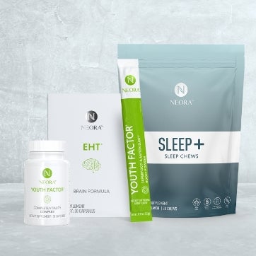 Neora Holistic Wellness Set includes Youth Factor Powder, Sleep+ and Energy+ Wellness Chews, EHT Brain Formula