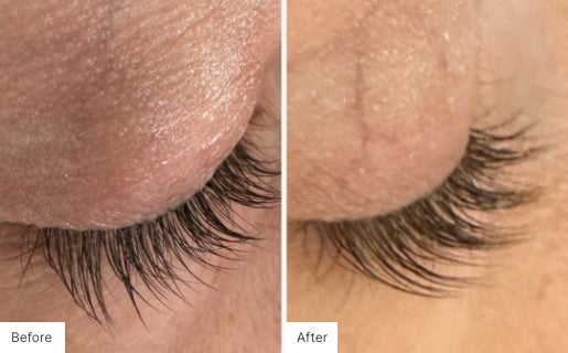 Close-up image of eyelashes showing fuller and longer lashes after 16 weeks of Lash Lush use