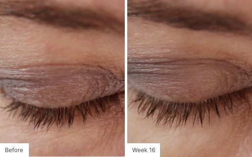 Close-up image of eyelashes showing fuller and longer lashes after 16 weeks of Lash Lush use