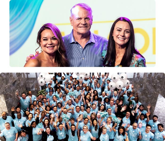 Photograph of Neora Founder and Chief Executive Officer Jeff Olson, with arms around Neora Co-Founder and Chief Leadership Officer Renee Olson and Neora Co-Founder and Chief Sales and Marketing Officer Amber Olson Rourke.