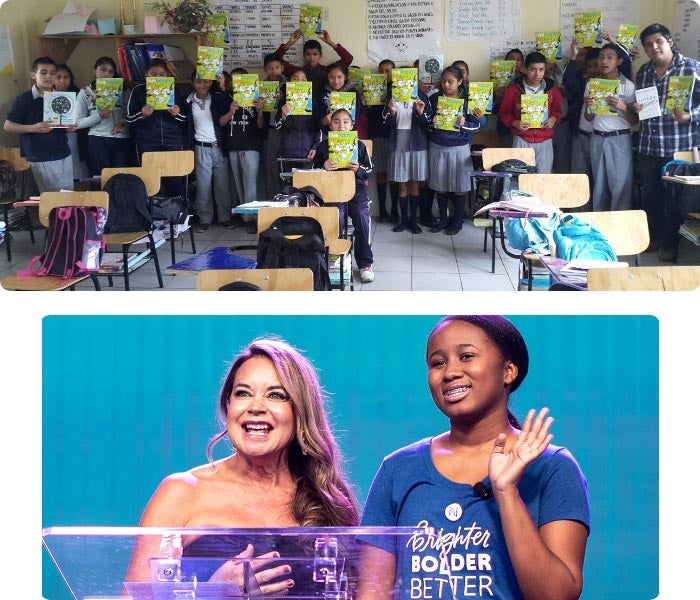 Photograph of several children who are part of the Big Brothers Big Sisters Program in a classroom each holding up a book. Photograph of Co-Founder and Chief Leadership Officer Renee Olson on stage at a Neora Get Real Conference with her Big Brother Big Sister “Little” a young girl who she has mentored for several years. 