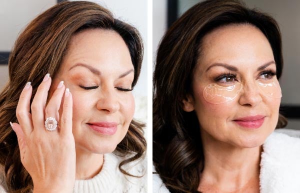 A side by side of a woman applying Eye Serum and looking restful with Eye Patches under her eyes.