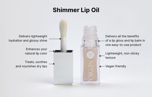 An open container of Neora’s Shimmer Lip Oil. Accompanying text talks about its benefits: lightweight hydration and glossy shine, enhance natural lip color, treats, soothes and nourishes dry lips, lightweight, non-sticky texture, vegan friendly.