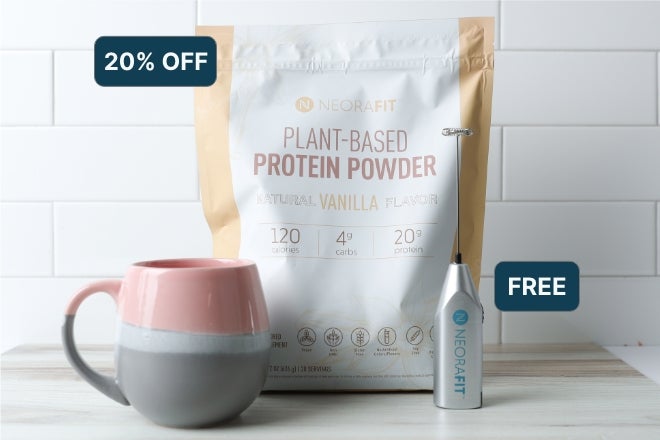 Image showing bag of protein powder next to a coffee mug and a drink frother 