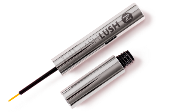 Bottle of Lash Lush 3-in-1 Lash & Brow Serum on a pink background with the word “New”